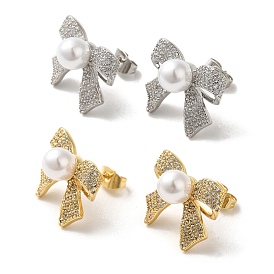 Brass Micro Pave Cubic Zirconia Stud Earrings for Women, with ABS Plastic Imitation Pearl Beads, Bowknot