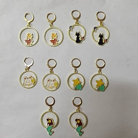 Maschenmarkierer mit Anhänger aus legiertem Emaille mit Verschluss, 304 Maschenmarkierung mit Edelstahlverschlüssen, runder Ring mit Meerjungfrau/Katze/Ahornblatt/Muschel