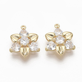 Brass Clear Cubic Zirconia Links, Nickel Free, Flower, Real 18K Gold Plated