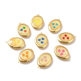 Rack Plating Brass Enamel Locket Pendants, Cadmium Free & Lead Free & Nickle Free, Real 18K Gold Plated, Oval with Heart