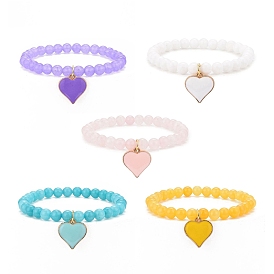 Mixed Natural Gemstone Beaded Stretch Bracelets, Alloy Enamel Pendant Bracelet for Women