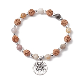 Round Natural Bamboo Leaf Agate & Electroplated Synthetic Non-magnetic Hematite & Natural Rudraksha Beaded Stretch Bracelets, Beads Bracelets, Tree of Life Alloy Charm Bracelets for Women