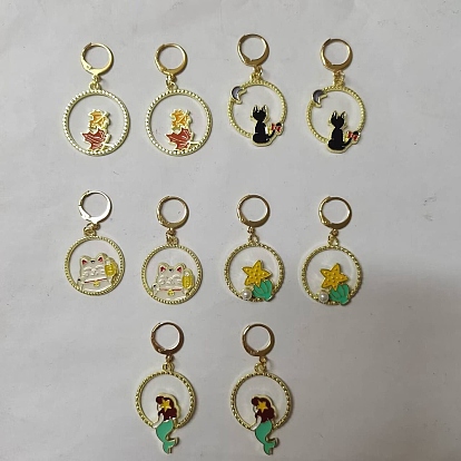 Maschenmarkierer mit Anhänger aus legiertem Emaille mit Verschluss, 304 Maschenmarkierung mit Edelstahlverschlüssen, runder Ring mit Meerjungfrau/Katze/Ahornblatt/Muschel