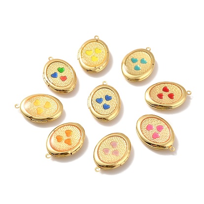 Rack Plating Brass Enamel Locket Pendants, Cadmium Free & Lead Free & Nickle Free, Real 18K Gold Plated, Oval with Heart