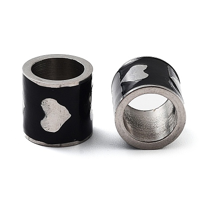 201 Stainless Steel Enamel Beads, Large Hole Beads, Column with Heart, Stainless Steel Color