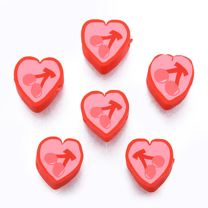 Handmade Polymer Clay Beads, Heart with Cherry