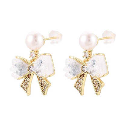 Серьги-гвоздики с бантом из латуни с микропаве из прозрачных кубических цирконий, с натуральным жемчугом, стеклом и эмалью, а также 925 булавками из стерлингового серебра, долговечный