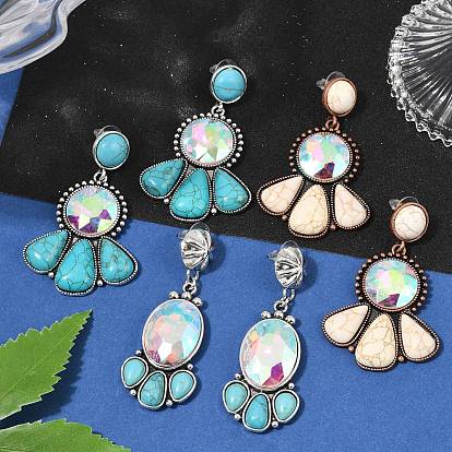 Серьги-гвоздики из сплава синтетической бирюзы, со стеклом, овальный и плоский круглый с каплевидной формой