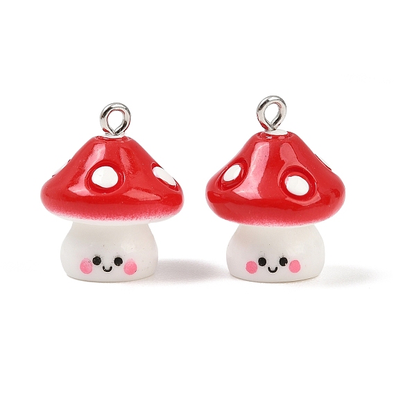 Opaque Resin Pendants, Mushroom Charms, with Platinum Iron Loop