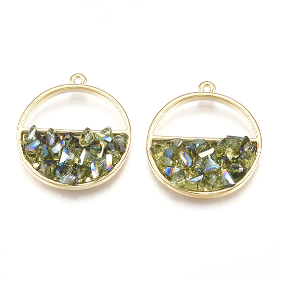 Alloy Glass Pendants, Flat Round, Light Gold