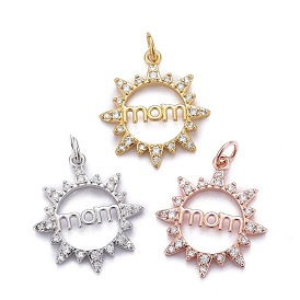 Brass Micro Pave Clear Cubic Zirconia Pendants, with Jump Rings, Long-Lasting Plated, for Mother's Day, Sun with Word Mom