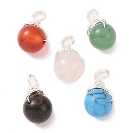 Natural Mixed Stone Beaded Pendants, with Platinum Tone Copper Wire Wrapped Findings, Flower Charms
