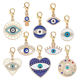 30 шт. 10 стили сплав эмаль сглаз подвеска украшения, Сплав с застежками когтя омара, разнообразные, золотые