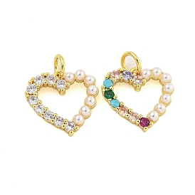 Heart Rack Plating Brass Micro Pave Cubic Zirconia Charms, with Glass Pearl, Cadmium Free & Lead Free, Long-Lasting Plated