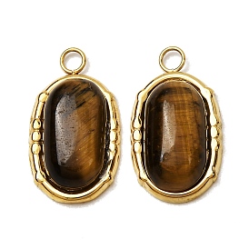 Natural Tiger Eye Pendants, 303 Stainless Steel Oval Bezeled Charms, Ion Plating(IP)