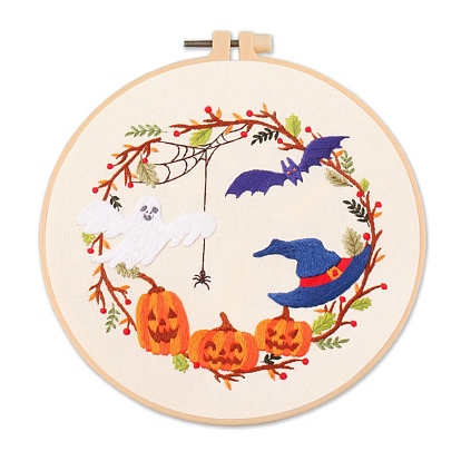 Halloween Themed DIY Embroidery Sets, Including Imitation Bamboo Embroidery Frame, Iron Pins, Embroidered Cloth, Cotton Colorful Embroidery Threads