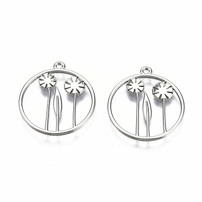 Rack Plating Alloy Pendants, Cadmium Free & Lead Free, Hollow, Ring with Flower