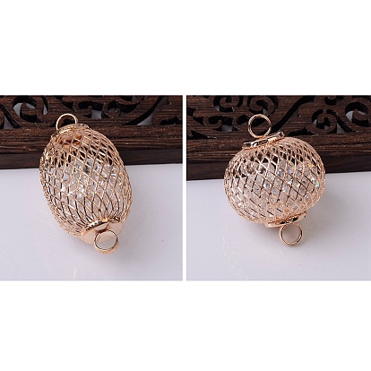 Iron Hollow Lantern Connector Charms, Bead Cage Links, with Resin Bead Inside, Light Gold, Round/Oval