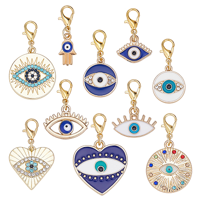 30 шт. 10 стили сплав эмаль сглаз подвеска украшения, Сплав с застежками когтя омара, разнообразные, золотые