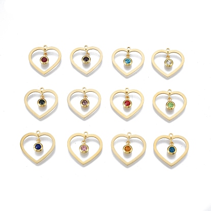 201 Stainless Steel Pendants, with Rhinestone, Heart with Flat Round