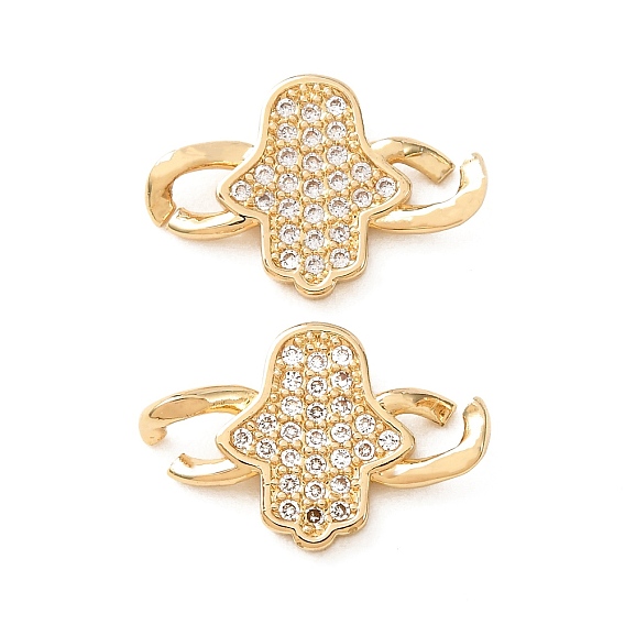 Brass Micro Pave Cubic Zirconia Connector Charms, Hamsa Hand Charms, Long-Lasting Plated, Rack Plating, Lead Free & Cadmium Free
