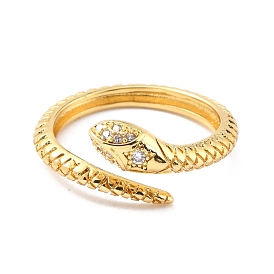 Brass Micro Pave Cubic Zirconia Cuff Rings, Cadmium Free & Lead Free, Long-Lasting Plated, Snake