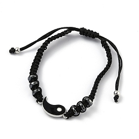 Bracelet de perles tressées en cordon de nylon ajustable, avec des liens potins/yin yang en alliage d'émail et des perles d'espacement en hématite synthétique, noir