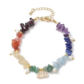 Bracelet à breloques fleur de lotus en laiton, Bracelet à thème chakra en perles de pierres précieuses mélangées naturelles