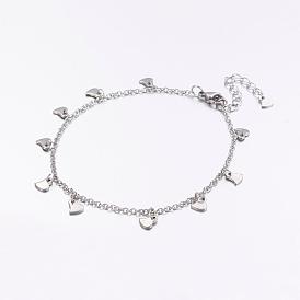 304 Stainless Steel Charm Anklets, Heart, with 316 Surgical Stainless Steel Cable Chains