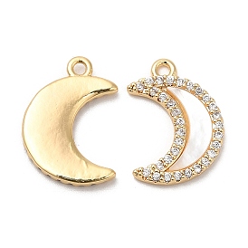 Plating Brass Micro Pave Cubic Zirconia Pendant, with Shell, Moon