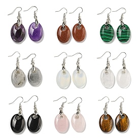 Rack Plating Oval Brass Dangle Earrings, with Gemstone, Cadmium Free & Lead Free