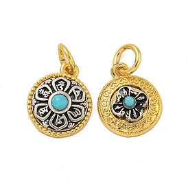 Long-Lasting Plated Brass Synthetic Turquoise Pendants, with Jump Rings, Flat Round with Flower