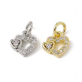 Brass Micro Pave Clear Cubic Zirconia Charms, with Open Jump Rings, Heart with Bear