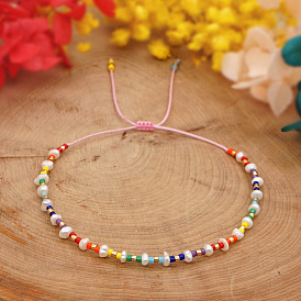 Minimalist Baroque Natural Freshwater Pearl Bracelet with Miyuki Beads and Rainbow Weave