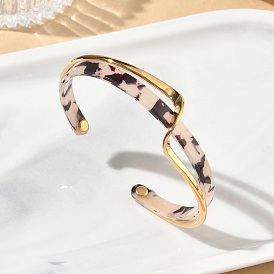 Cellulose Acetate(Resin) & 304 Stainless Steel Double Layer Wavy Open Cuff Bangles for Women, Golden