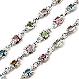Rack Plating Brass Square Link Chains, with Mixed Color Glass, Long-Lasting Plated, Soldered, with Spool