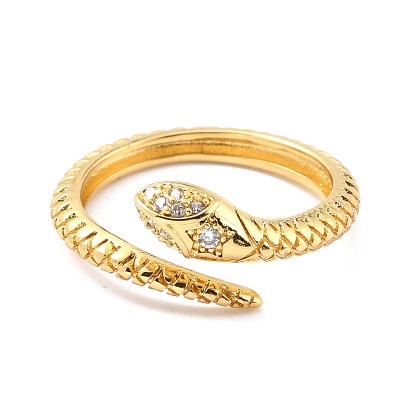 Brass Micro Pave Cubic Zirconia Cuff Rings, Cadmium Free & Lead Free, Long-Lasting Plated, Snake