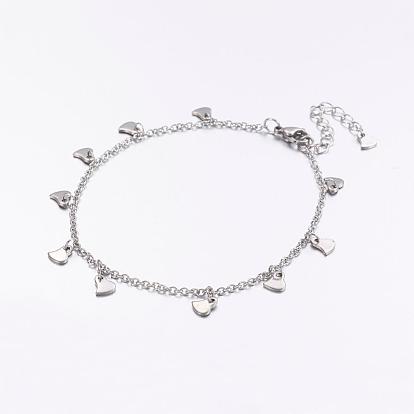 304 Stainless Steel Charm Anklets, Heart, with 316 Surgical Stainless Steel Cable Chains
