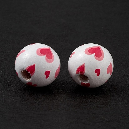 Perles européennes en bois naturel imprimées, perle avec trou grande, ronde avec motif coeur