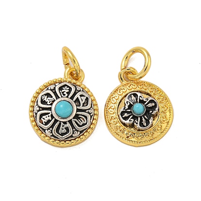 Долговечные подвески из латуни с покрытием из синтетической бирюзы, с прыжковых колец, плоские круглые с цветком