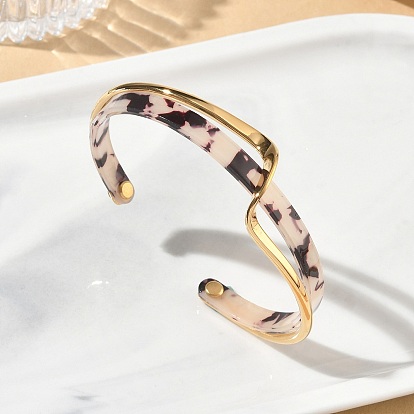 Cellulose Acetate(Resin) & 304 Stainless Steel Double Layer Wavy Open Cuff Bangles for Women, Golden