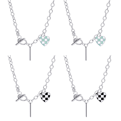 4 шт. 2 цвета сплава эмаль клетчатый кулон сердце железная цепь ожерелья, платина
