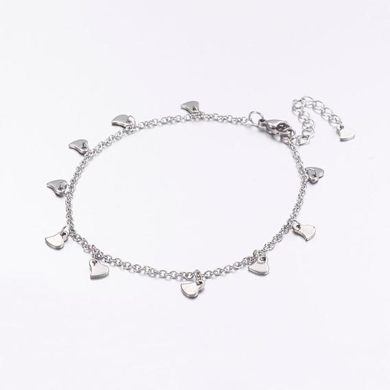 304 Stainless Steel Charm Anklets, Heart, with 316 Surgical Stainless Steel Cable Chains