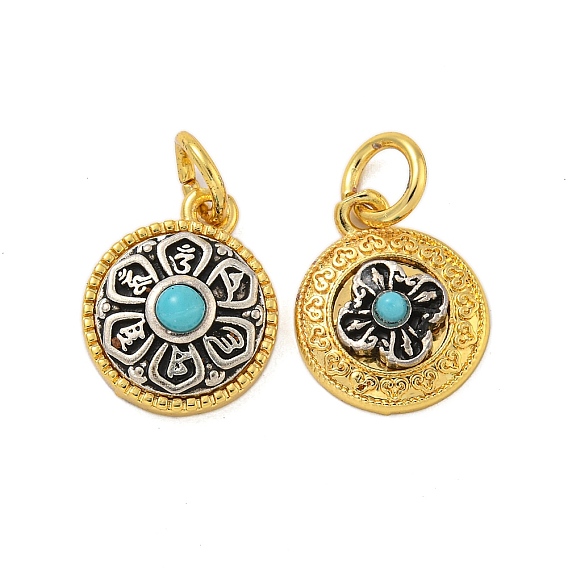 Долговечные подвески из латуни с покрытием из синтетической бирюзы, с прыжковых колец, плоские круглые с цветком