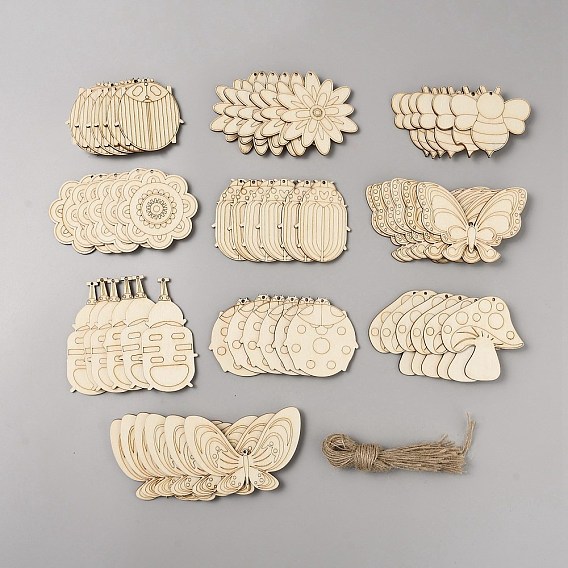 60Pcs 10 Style Spring theme Butterfly/Ladybird/Flower Unfinished Wood Pieces, Cutouts for Drawing Art Craft