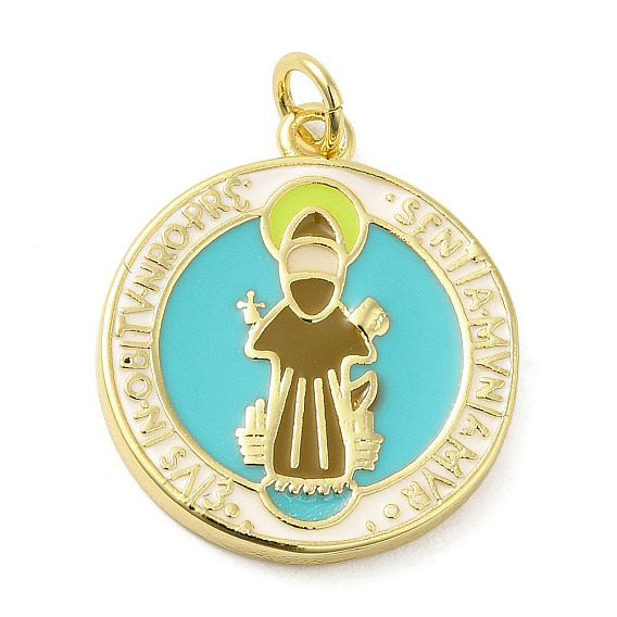 Rack Plating Brass Enamel Pendants, with Jump Ring, Long-Lasting Plated, Cadmium Free & Lead Free, Real 18K Gold Plated, Flat Round with Saint Charm
