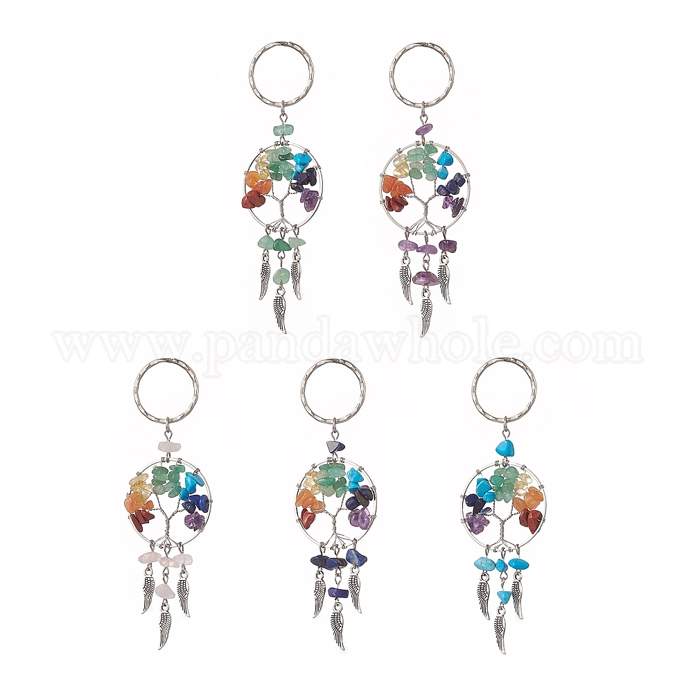 Wholesale Gemstone Chip Tree of Life Pendant Keychain with Tibetan Style  Alloy Charm and Brass Keychain Clasps 