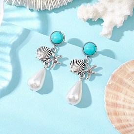 Серьги-гвоздики из искусственного жемчуга и сплава из АБС-пластика, с 304 серьгами-гвоздиками из нержавеющей стали и синтетической бирюзой, античное серебро