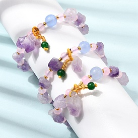 Raw Rough Natural Amethyst Nuggets Charm Beaded Stretch Bracelets for Women, with Plastic Beads
