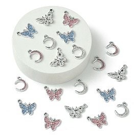 20 pcs 5 styles pendentifs en strass de cristal en alliage de platine, lune et papillon